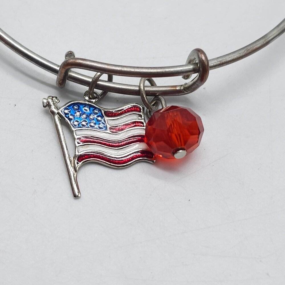 American Flag Bangle Bracelet With Red Crystal Charm - Picture 2 of 4